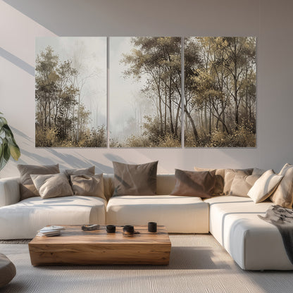 Tall autumn trees framing a pale misty woodland clearing set of 3 poster prints displayed in a living room