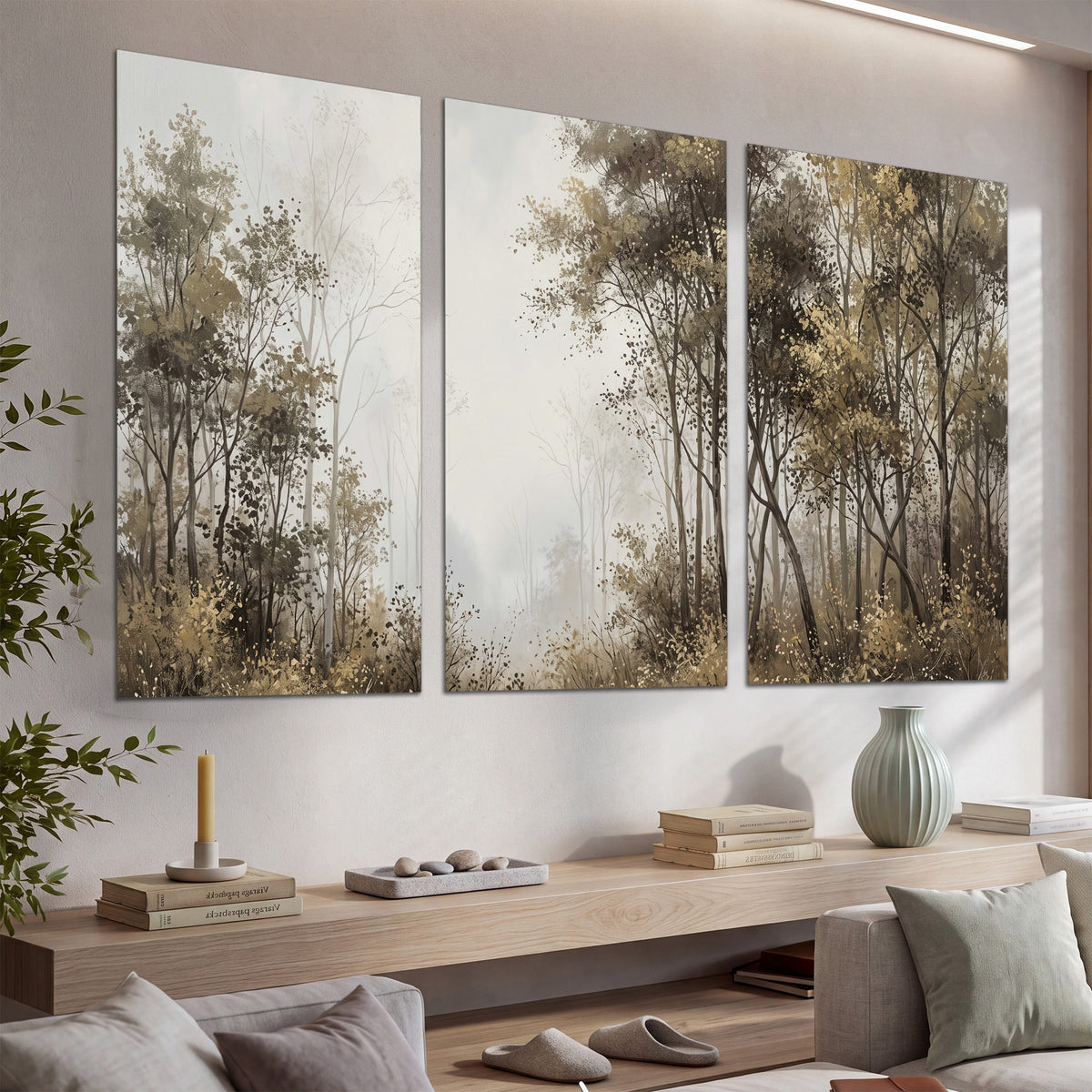 Tall autumn trees framing a pale misty woodland clearing set of 3 poster prints displayed in a console
