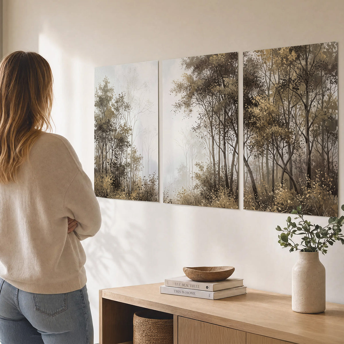 Tall autumn trees framing a pale misty woodland clearing set of 3 poster prints three panel arrangement on a wall