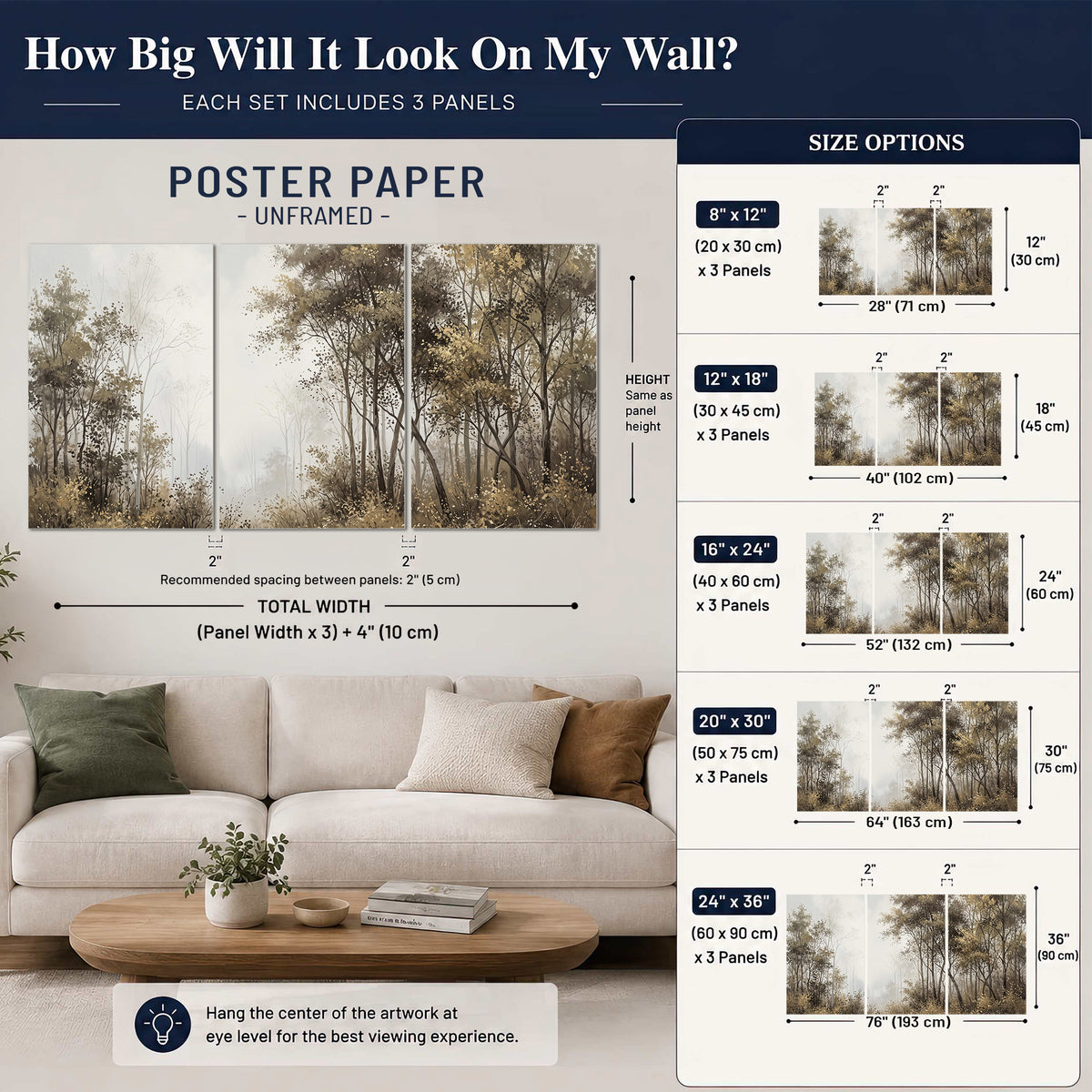 Tall autumn trees framing a pale misty woodland clearing set of 3 poster prints size guide above a sofa; room view is illustrative