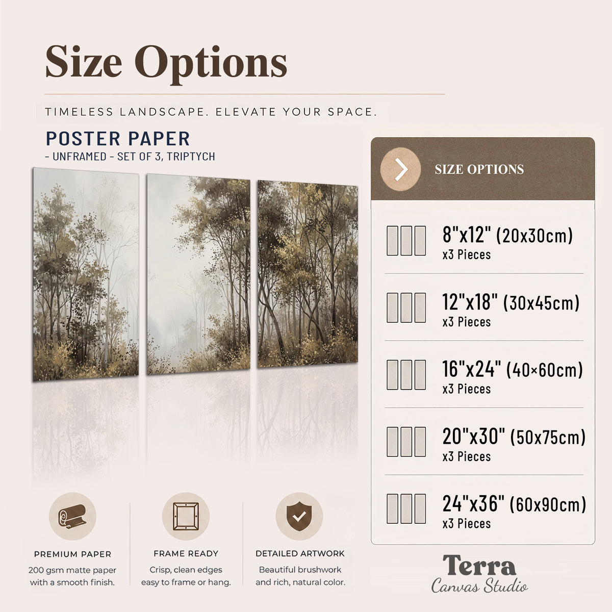 Tall autumn trees framing a pale misty woodland clearing set of 3 poster prints available dimensions; triptych dimensions are per panel