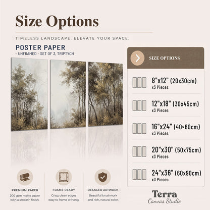 Tall autumn trees framing a pale misty woodland clearing set of 3 poster prints available dimensions; triptych dimensions are per panel