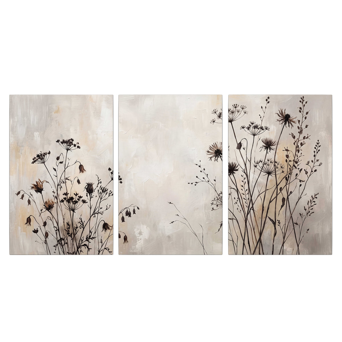 Fine dark wildflower stems and seed heads against soft beige 3 piece canvas wall art viewed straight on
