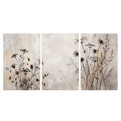 Fine dark wildflower stems and seed heads against soft beige 3 piece canvas wall art viewed straight on