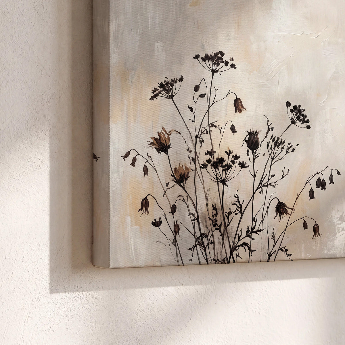 Fine dark wildflower stems and seed heads against soft beige 3 piece canvas wall art material and edge close up