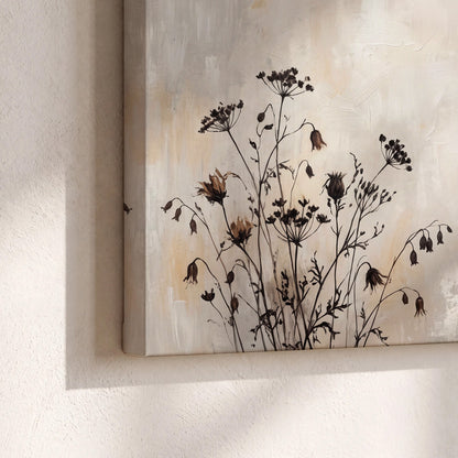 Fine dark wildflower stems and seed heads against soft beige 3 piece canvas wall art material and edge close up
