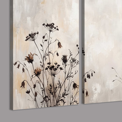 Fine dark wildflower stems and seed heads against soft beige 3 piece canvas wall art room and product view