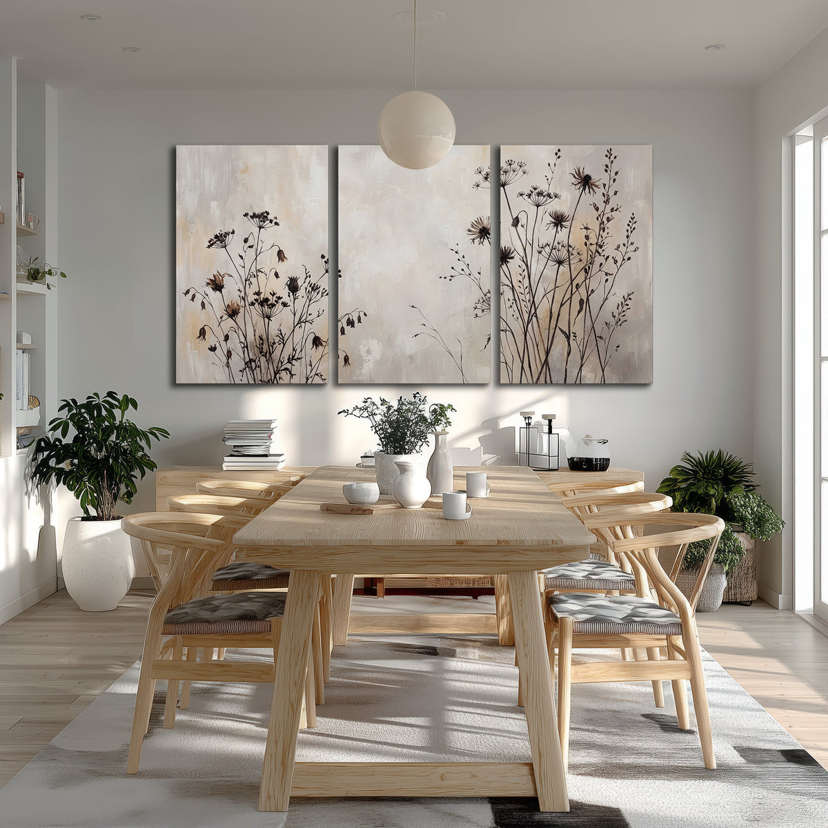Fine dark wildflower stems and seed heads against soft beige 3 piece canvas wall art room and product view