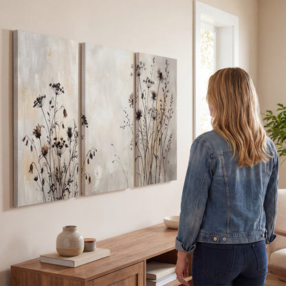 Fine dark wildflower stems and seed heads against soft beige 3 piece canvas wall art three panel arrangement on a wall
