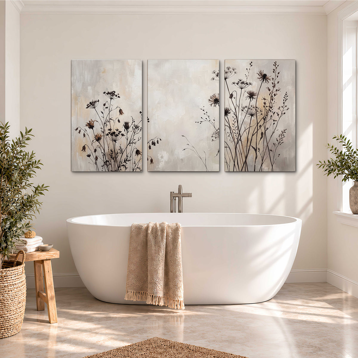 Fine dark wildflower stems and seed heads against soft beige 3 piece canvas wall art styled in an interior