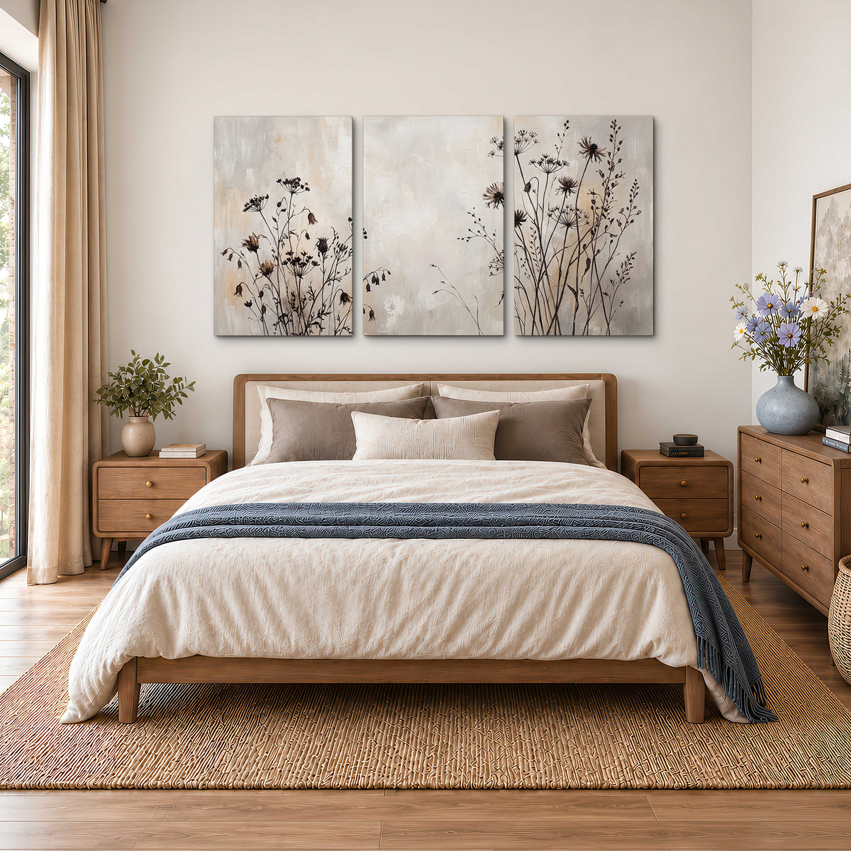 Fine dark wildflower stems and seed heads against soft beige 3 piece canvas wall art styled in an interior