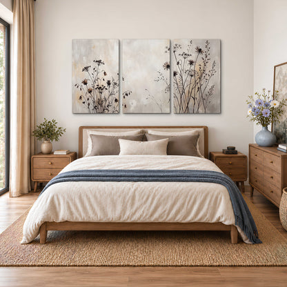 Fine dark wildflower stems and seed heads against soft beige 3 piece canvas wall art styled in an interior