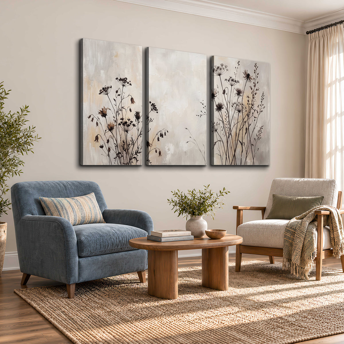 Fine dark wildflower stems and seed heads against soft beige 3 piece canvas wall art styled in an interior