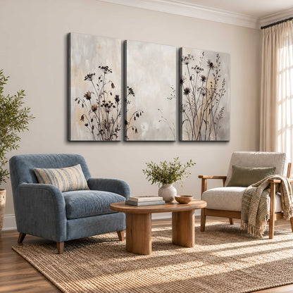 Fine dark wildflower stems and seed heads against soft beige 3 piece canvas wall art styled in an interior