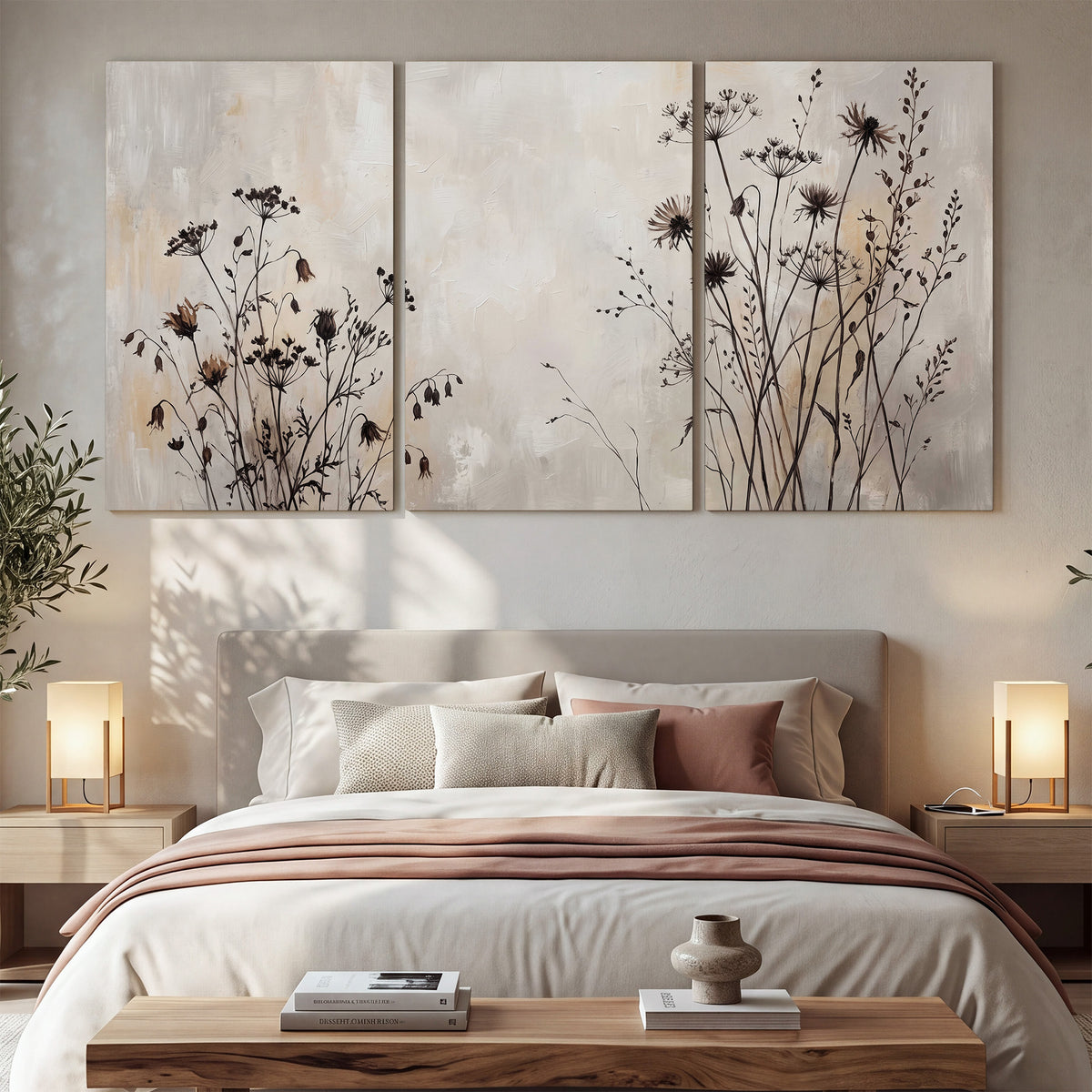 Fine dark wildflower stems and seed heads against soft beige 3 piece canvas wall art displayed in a bedroom