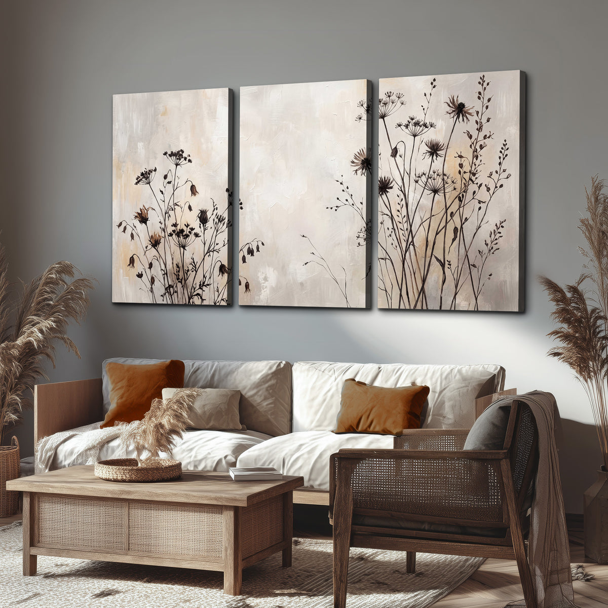 Fine dark wildflower stems and seed heads against soft beige 3 piece canvas wall art displayed in a rustic living room