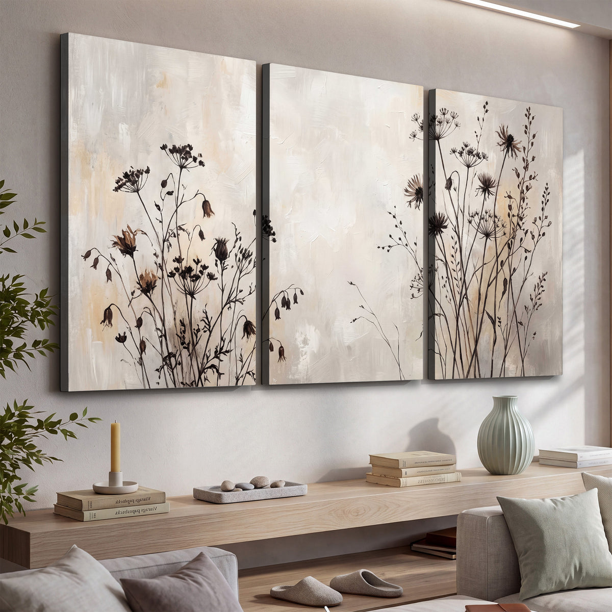 Fine dark wildflower stems and seed heads against soft beige 3 piece canvas wall art displayed in a console