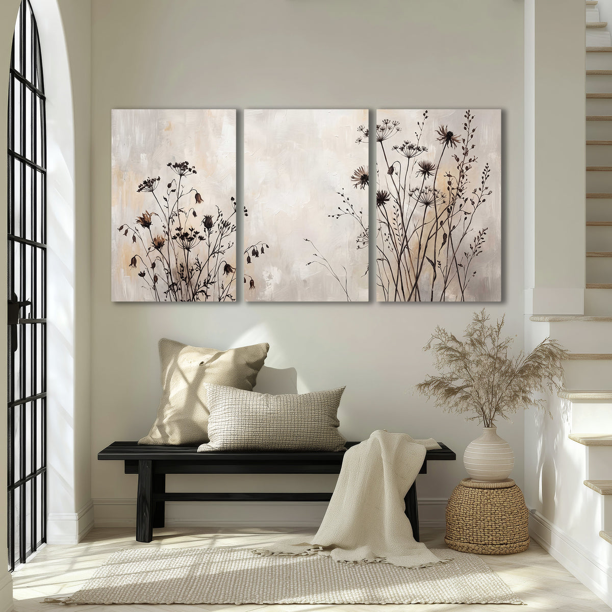 Fine dark wildflower stems and seed heads against soft beige 3 piece canvas wall art displayed in a entryway