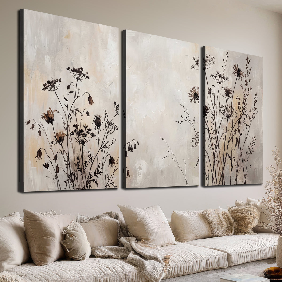 Fine dark wildflower stems and seed heads against soft beige 3 piece canvas wall art room and product view