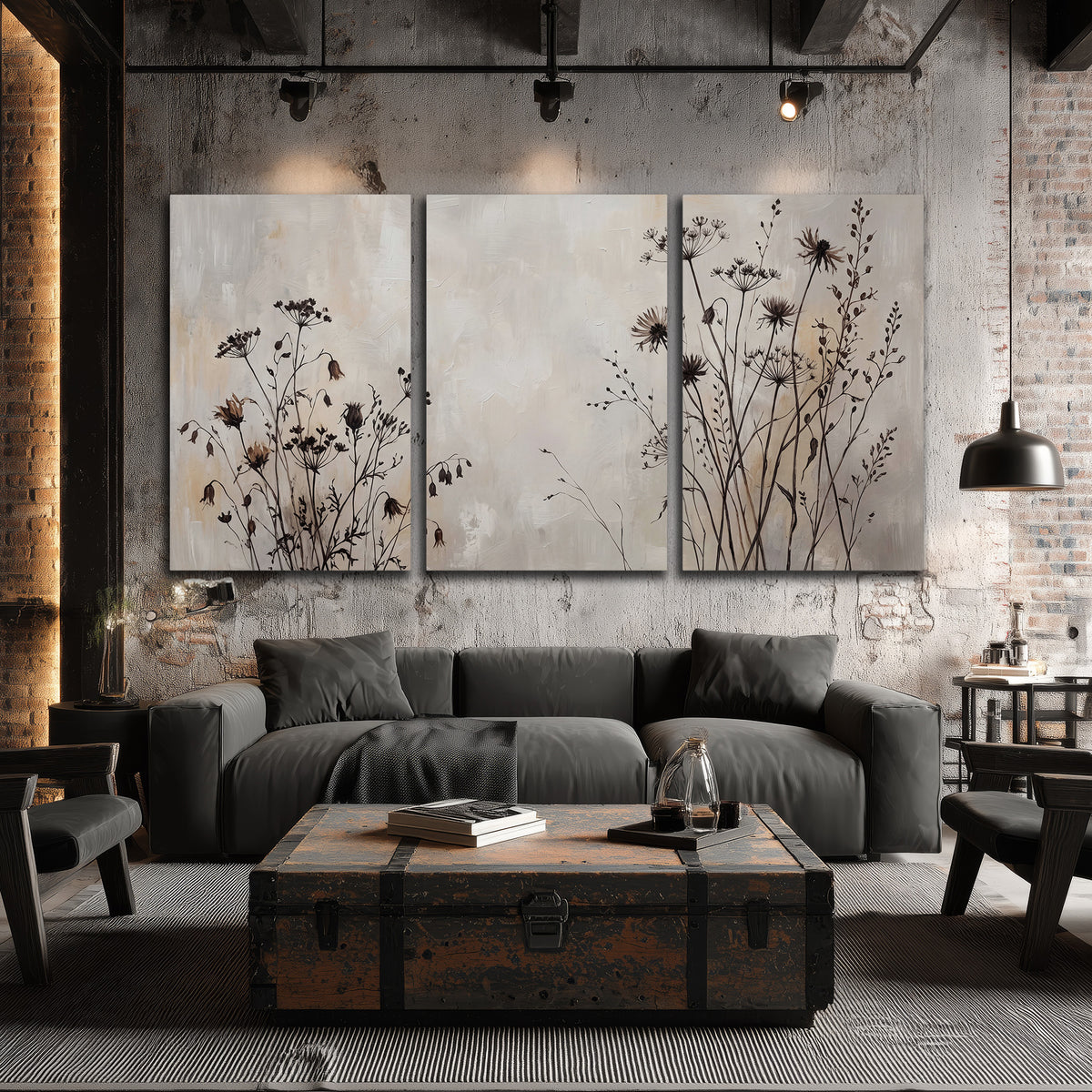 Fine dark wildflower stems and seed heads against soft beige 3 piece canvas wall art displayed in a industrial room