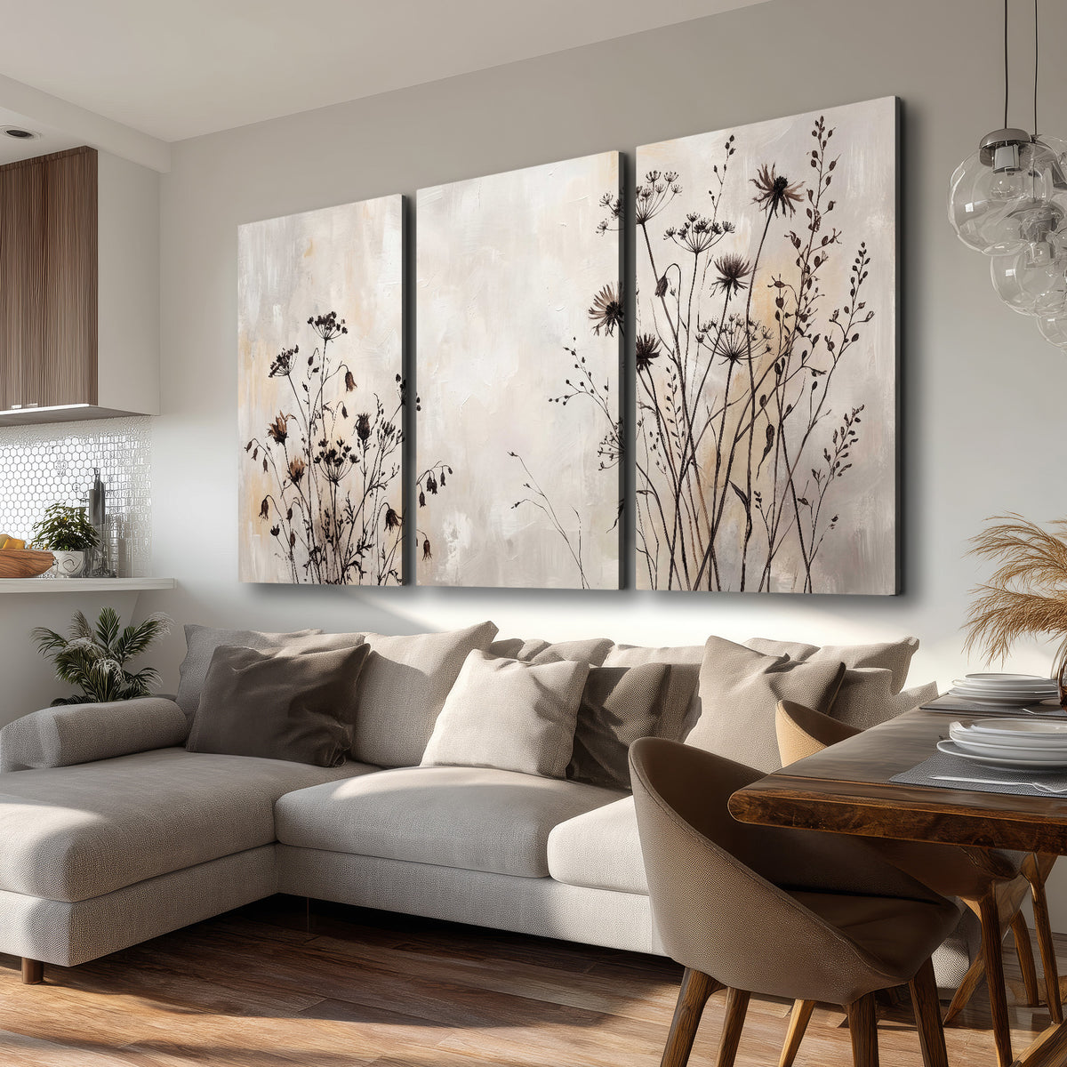 Fine dark wildflower stems and seed heads against soft beige 3 piece canvas wall art room and product view