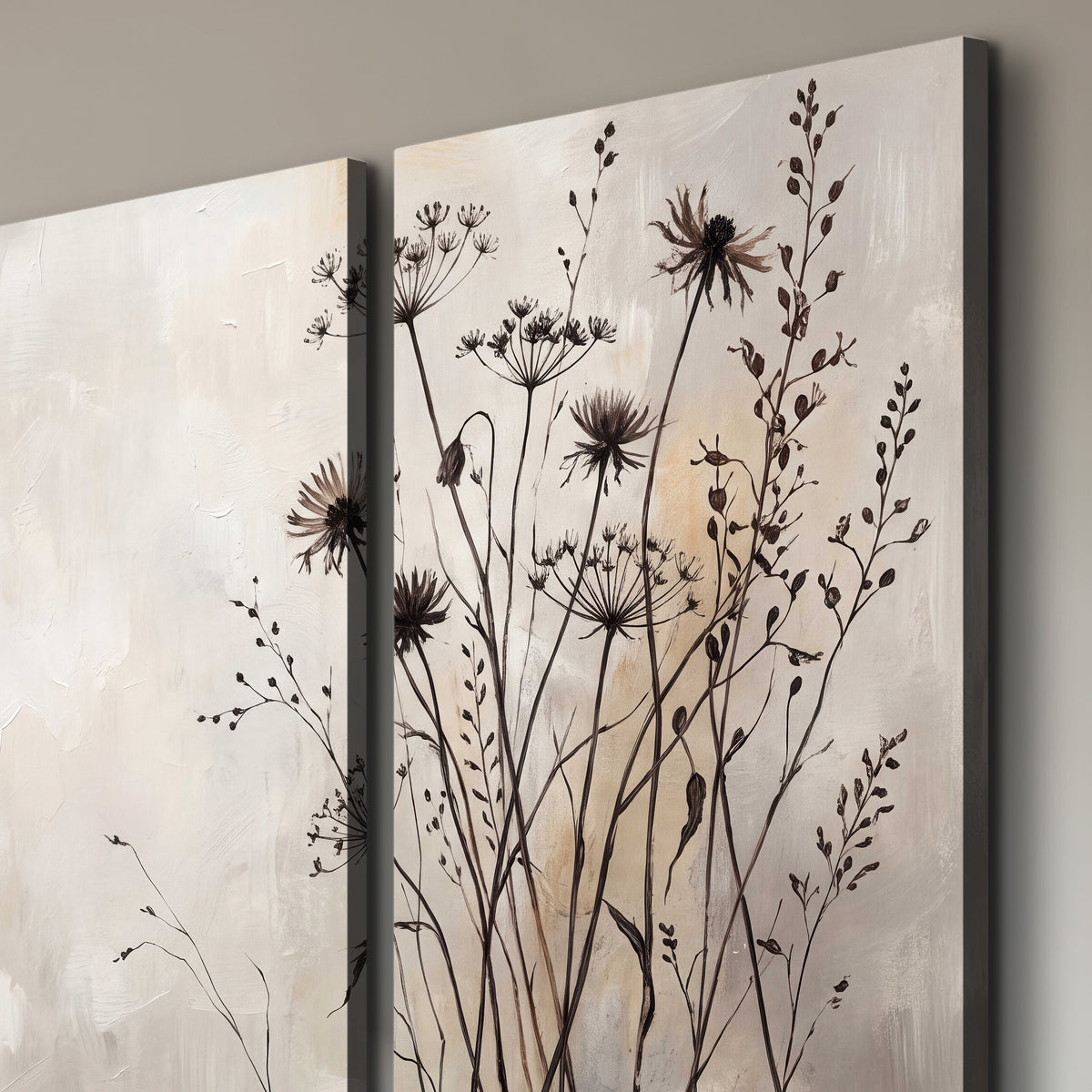 Fine dark wildflower stems and seed heads against soft beige 3 piece canvas wall art room and product view