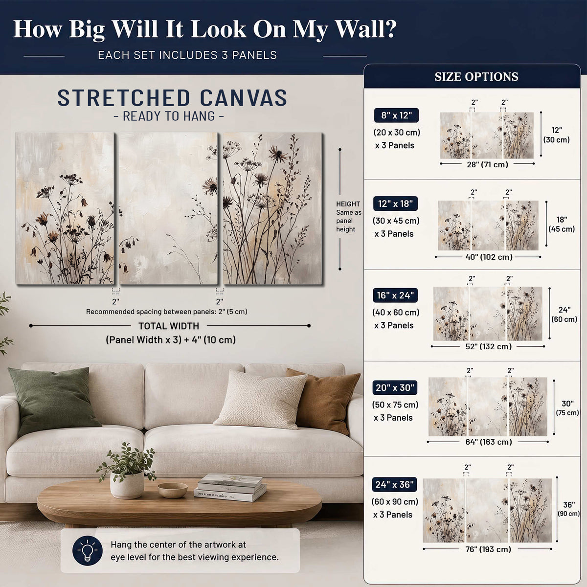Fine dark wildflower stems and seed heads against soft beige 3 piece canvas wall art size guide above a sofa; room view is illustrative