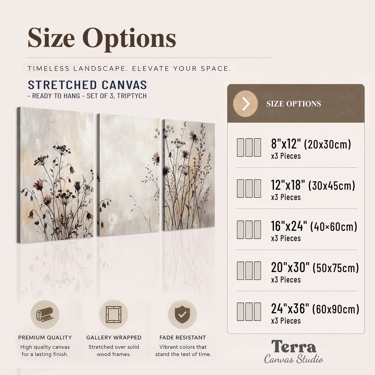 Fine dark wildflower stems and seed heads against soft beige 3 piece canvas wall art available dimensions; triptych dimensions are per panel