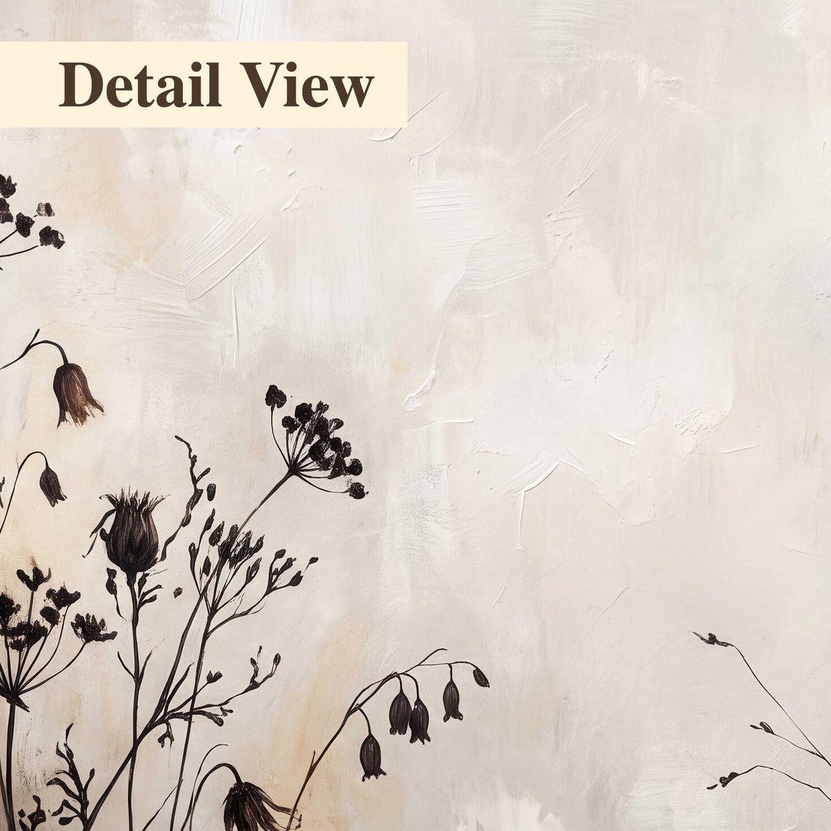Fine dark wildflower stems and seed heads against soft beige 3 piece canvas wall art artwork detail close up