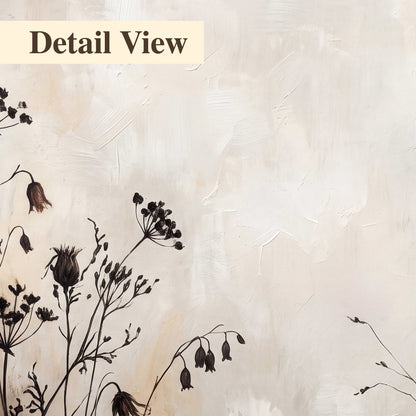 Fine dark wildflower stems and seed heads against soft beige 3 piece canvas wall art artwork detail close up