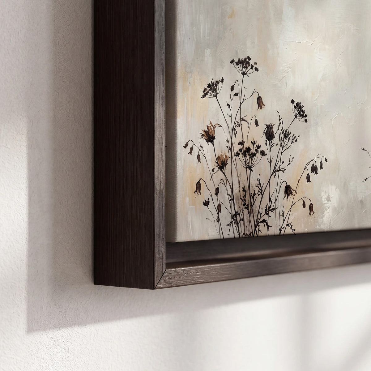 Fine dark wildflower stems and seed heads against soft beige 3 piece framed canvas wall art material and edge close up