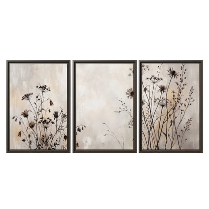 Fine dark wildflower stems and seed heads against soft beige 3 piece framed canvas wall art viewed straight on