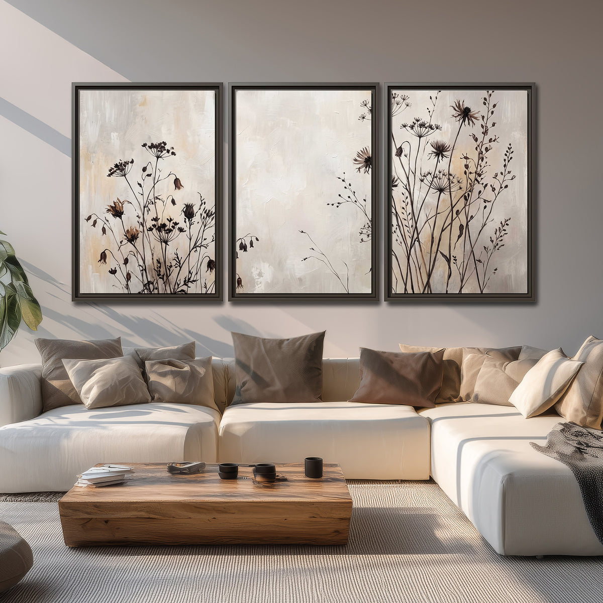 Fine dark wildflower stems and seed heads against soft beige 3 piece framed canvas wall art displayed in a living room