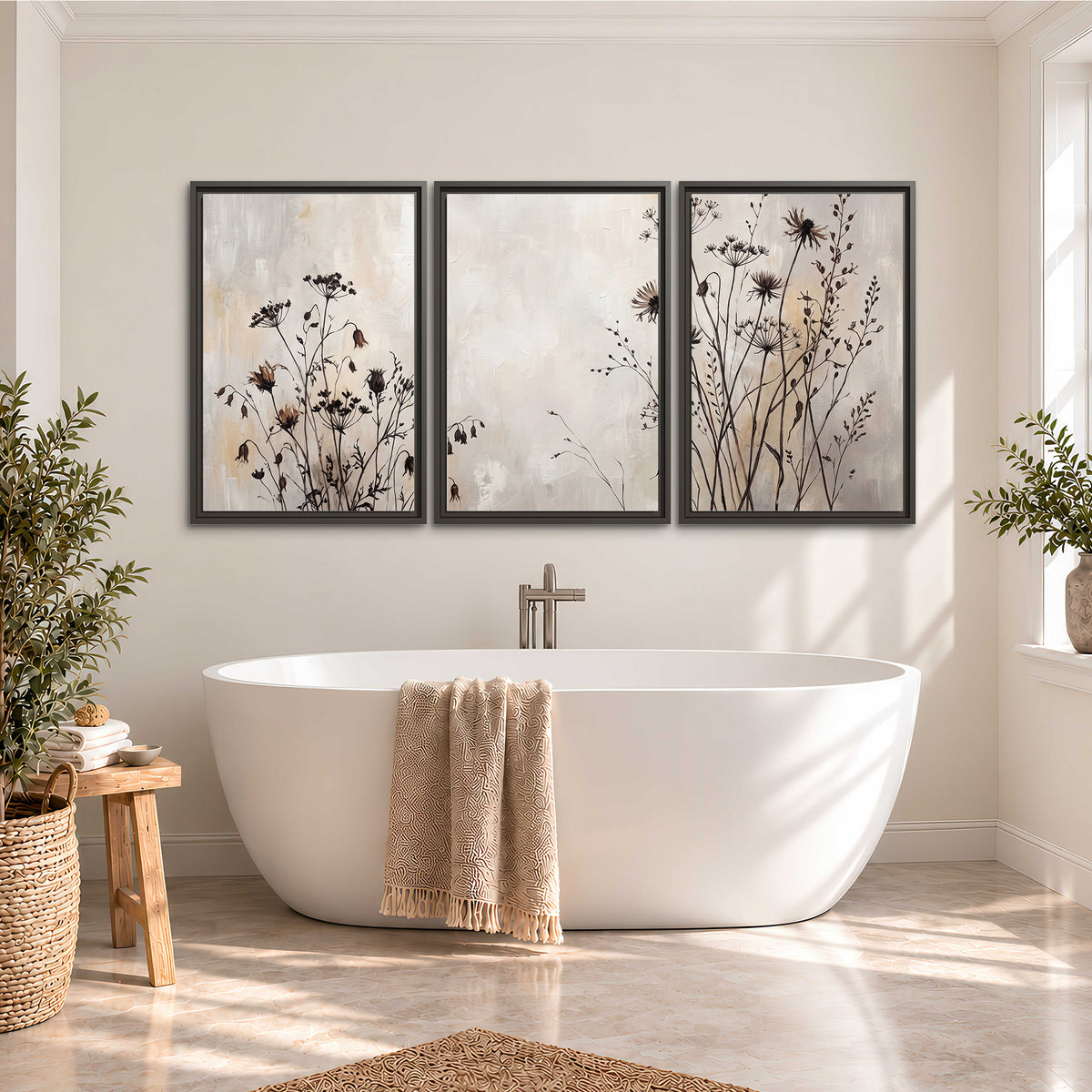 Fine dark wildflower stems and seed heads against soft beige 3 piece framed canvas wall art styled in an interior