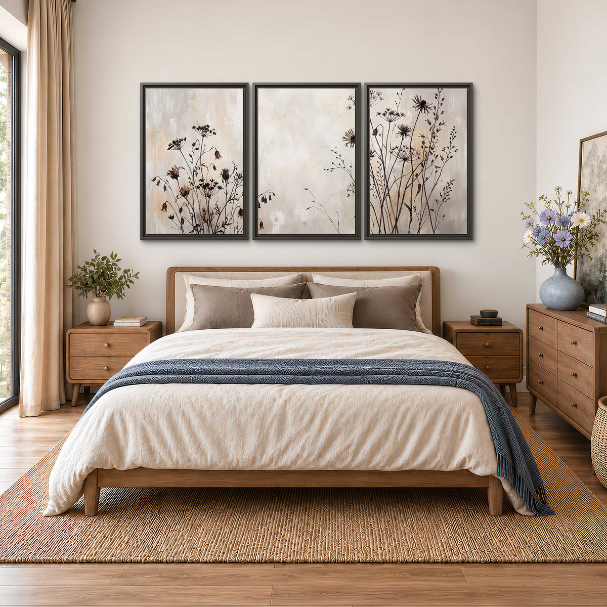Fine dark wildflower stems and seed heads against soft beige 3 piece framed canvas wall art styled in an interior