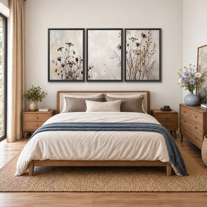 Fine dark wildflower stems and seed heads against soft beige 3 piece framed canvas wall art styled in an interior