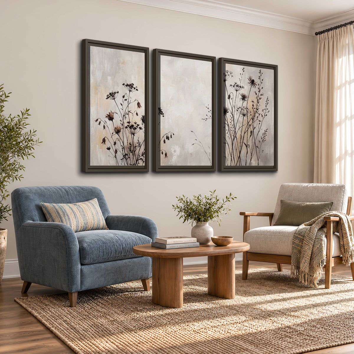 Fine dark wildflower stems and seed heads against soft beige 3 piece framed canvas wall art styled in an interior