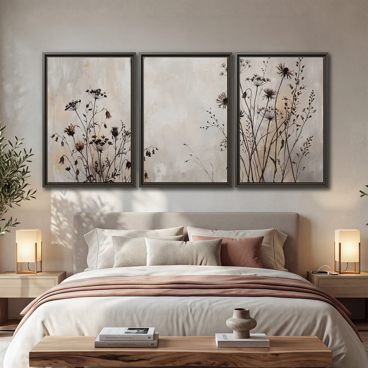 Fine dark wildflower stems and seed heads against soft beige 3 piece framed canvas wall art displayed in a bedroom