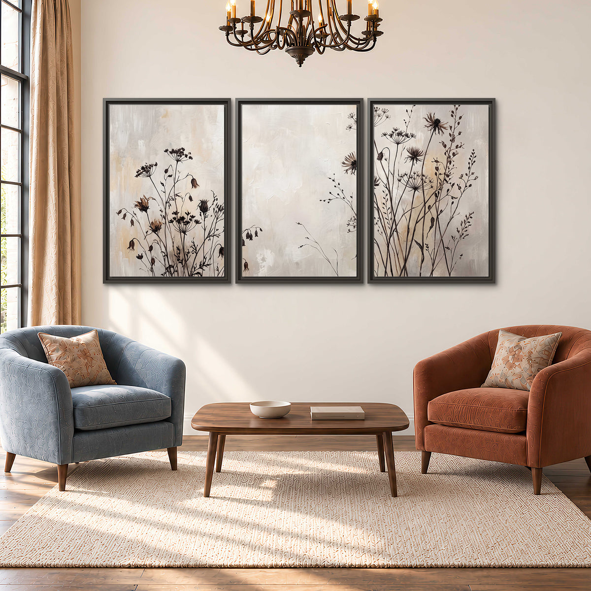 Fine dark wildflower stems and seed heads against soft beige 3 piece framed canvas wall art styled in an interior