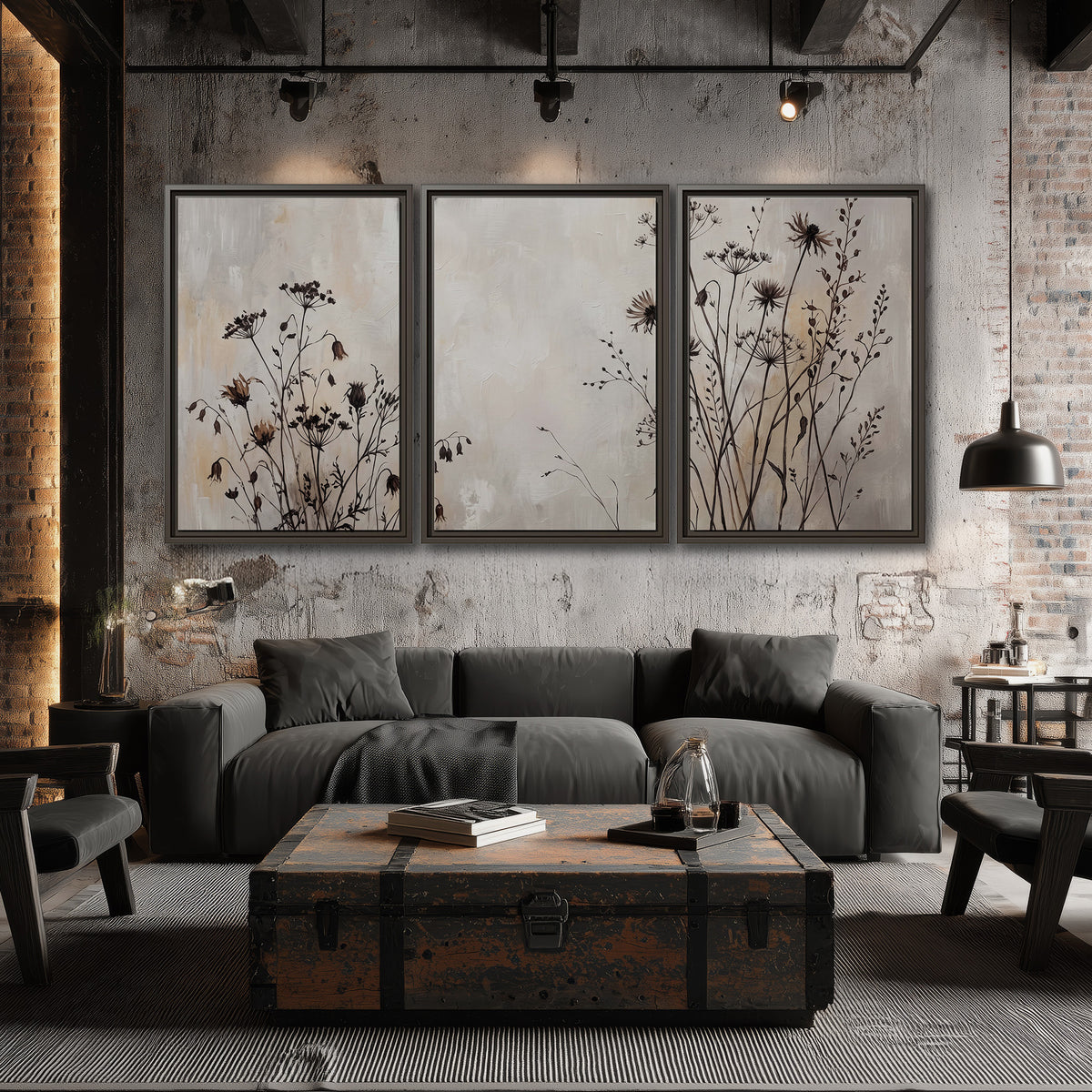 Fine dark wildflower stems and seed heads against soft beige 3 piece framed canvas wall art displayed in a industrial room