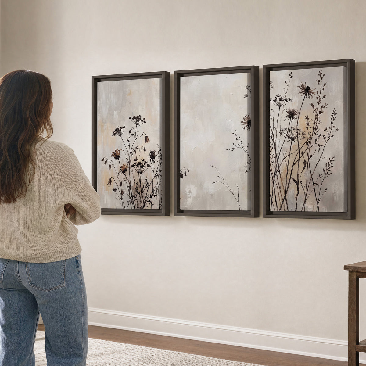 Fine dark wildflower stems and seed heads against soft beige 3 piece framed canvas wall art three panel arrangement on a wall