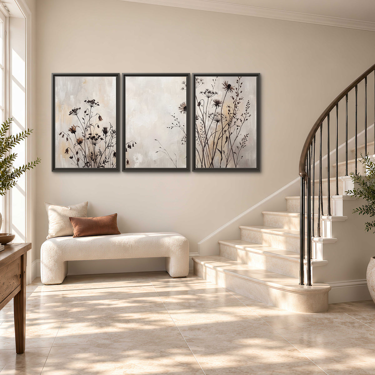 Fine dark wildflower stems and seed heads against soft beige 3 piece framed canvas wall art styled in an interior