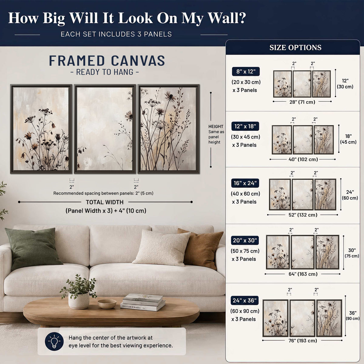 Fine dark wildflower stems and seed heads against soft beige 3 piece framed canvas wall art size guide above a sofa; room view is illustrative