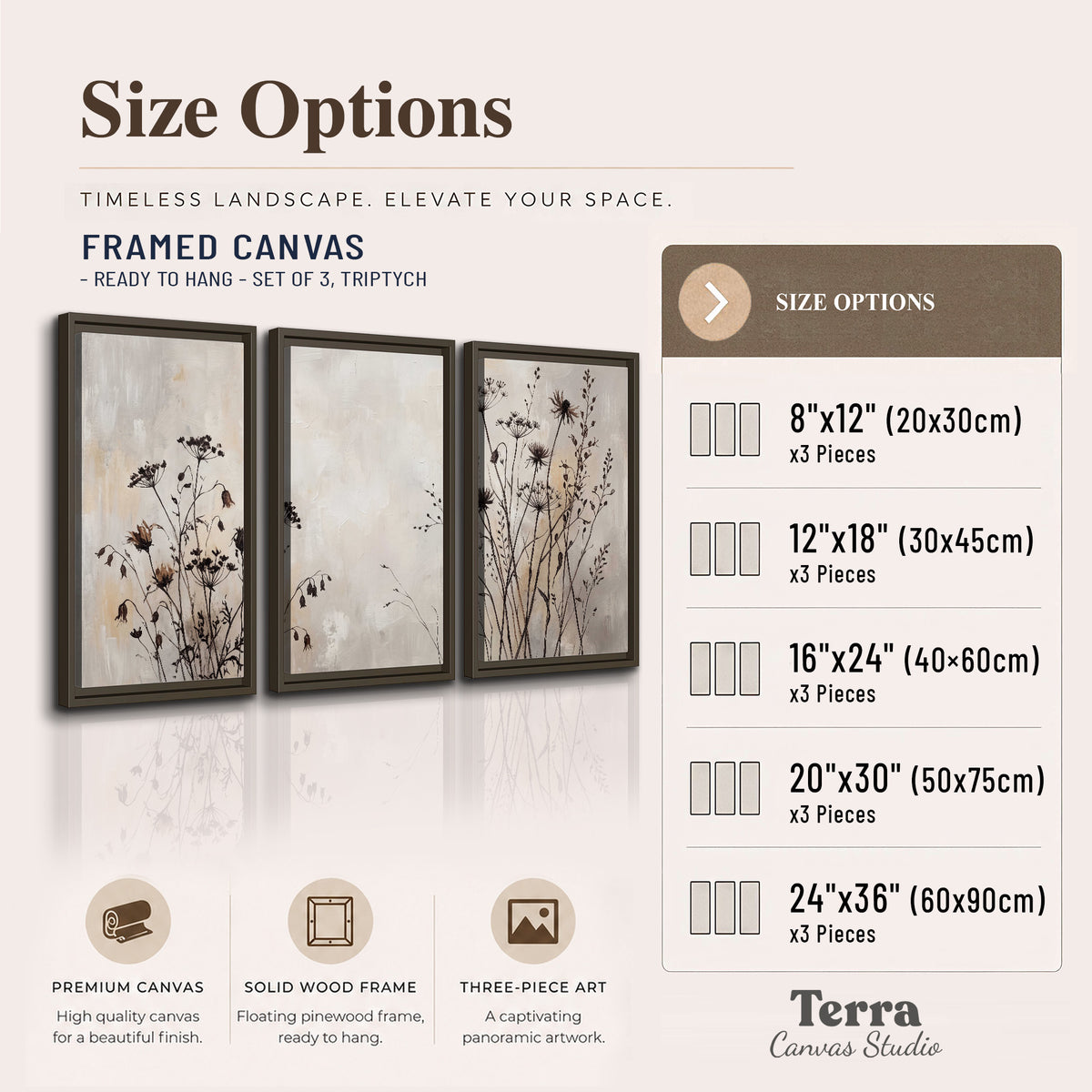 Fine dark wildflower stems and seed heads against soft beige 3 piece framed canvas wall art available dimensions; triptych dimensions are per panel