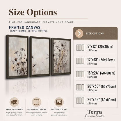 Fine dark wildflower stems and seed heads against soft beige 3 piece framed canvas wall art available dimensions; triptych dimensions are per panel