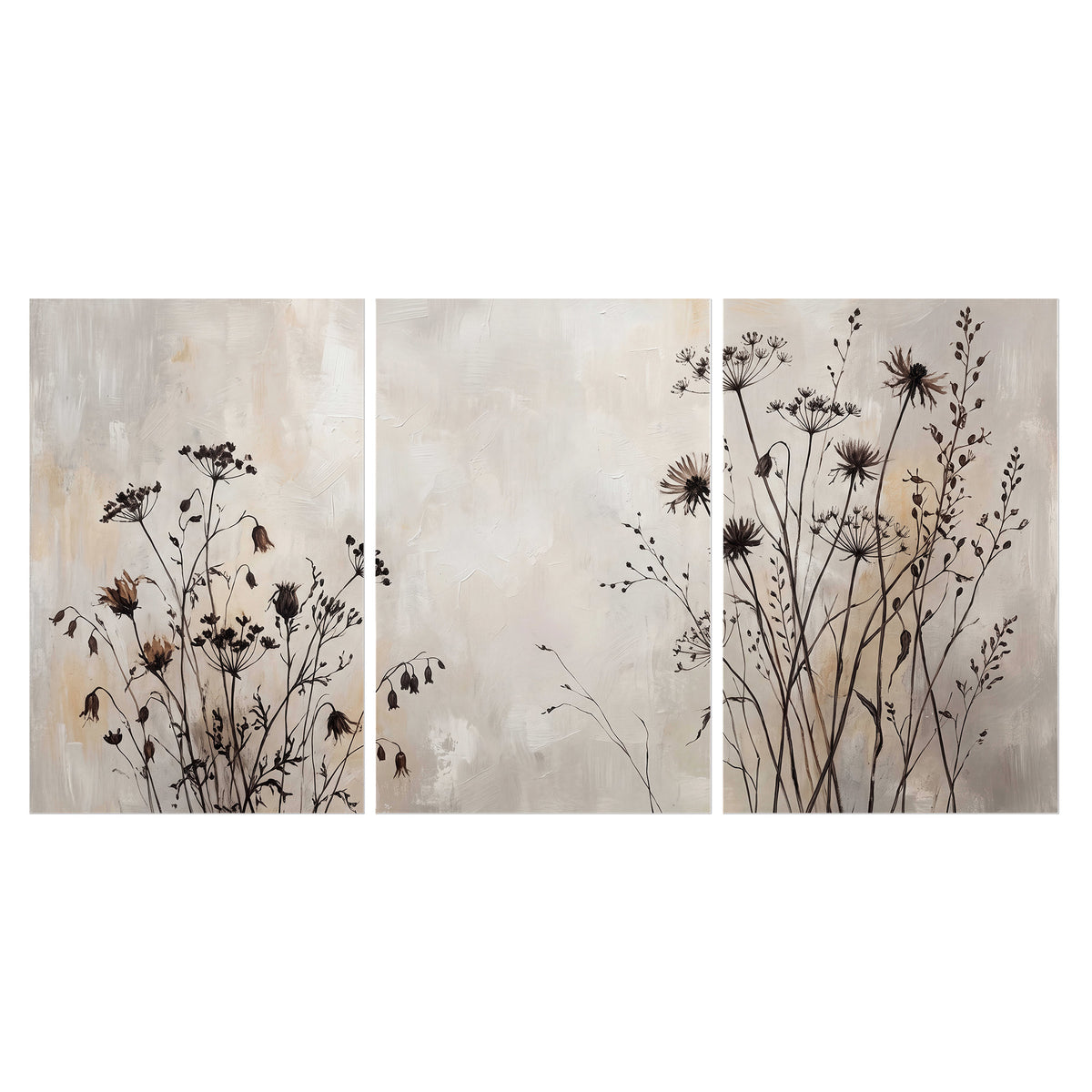 Fine dark wildflower stems and seed heads against soft beige set of 3 poster prints viewed straight on