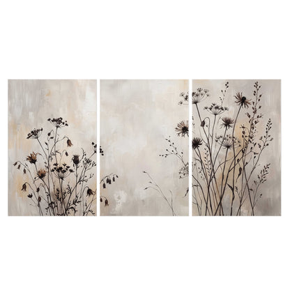 Fine dark wildflower stems and seed heads against soft beige set of 3 poster prints viewed straight on