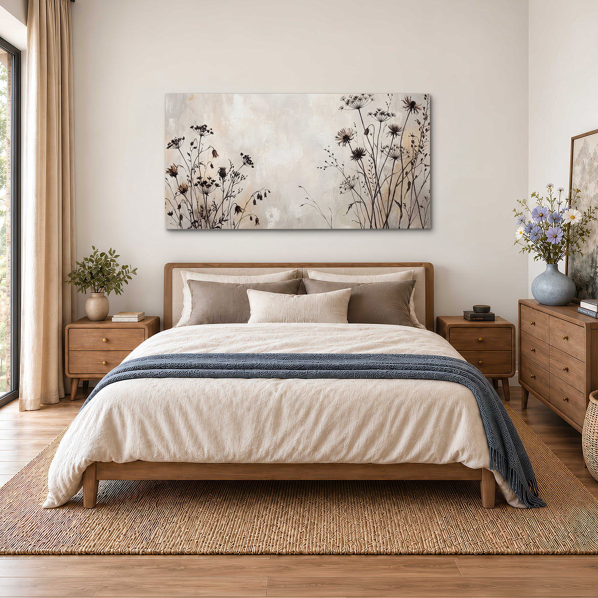Fine dark wildflower stems and seed heads against soft beige single canvas wall art styled in an interior