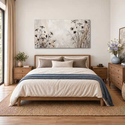 Fine dark wildflower stems and seed heads against soft beige single canvas wall art styled in an interior