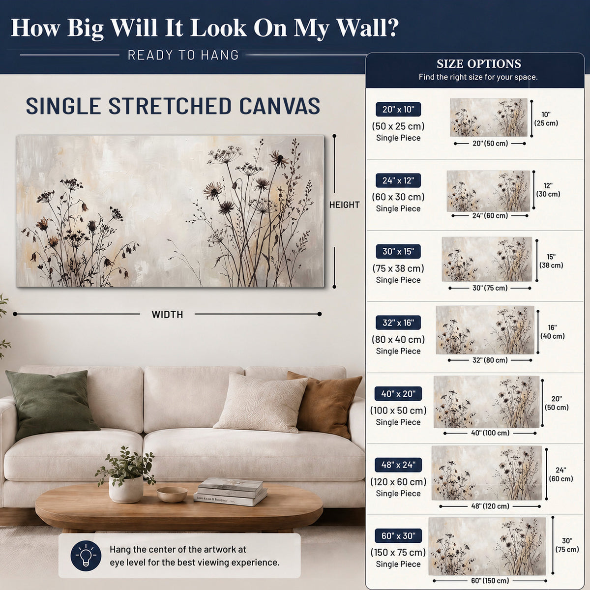 Fine dark wildflower stems and seed heads against soft beige single canvas wall art size guide above a sofa; room view is illustrative